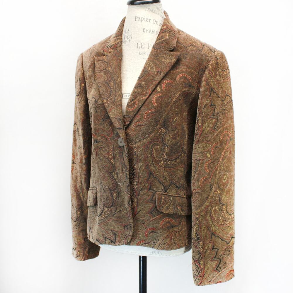 GRACE Elements Brown Paisley Vintage Velour Velvet Top Jacket Blazer Size 16 Y2K